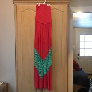 Hot pink with seafoam green lace maxi dress